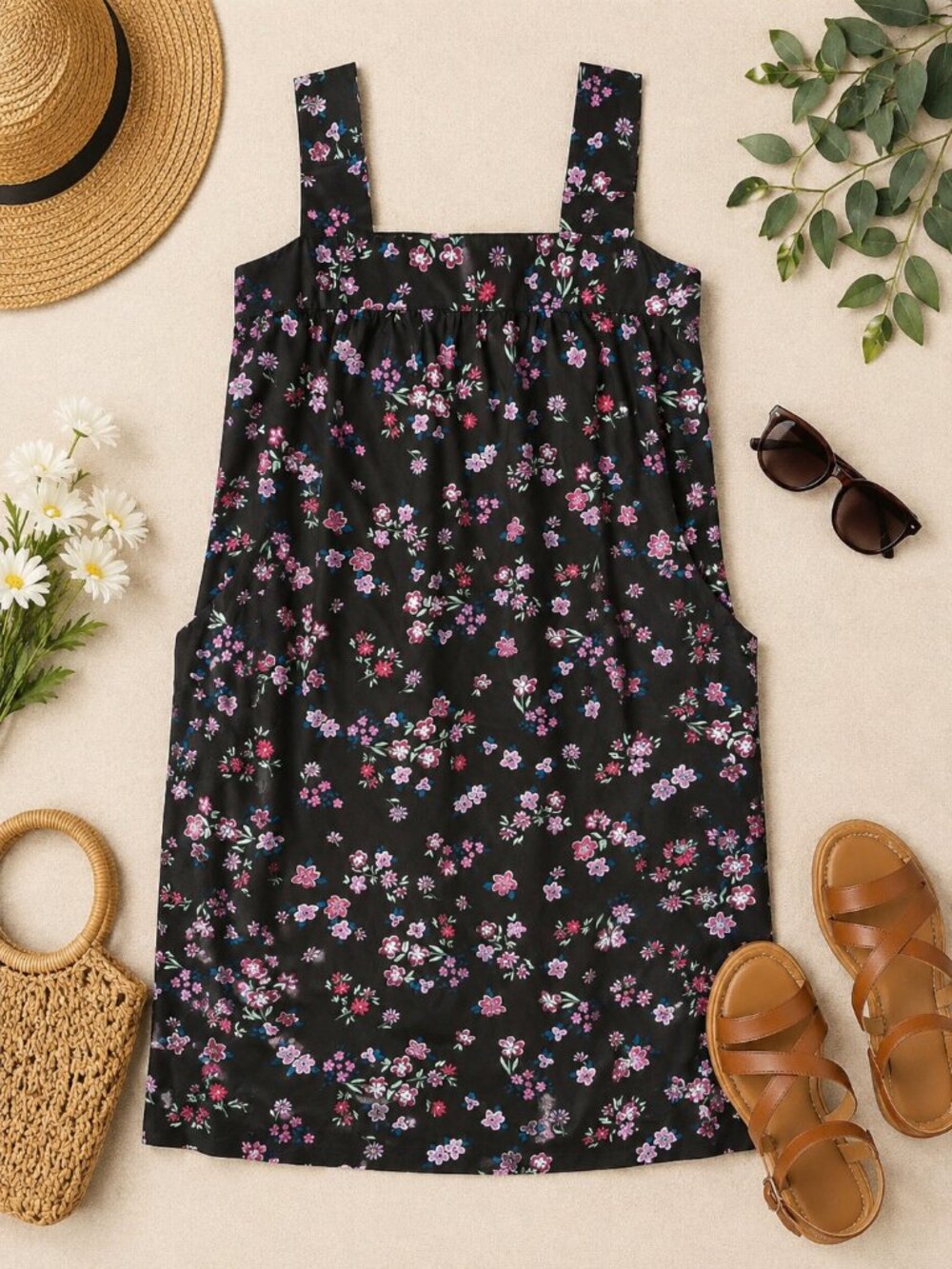 Dreams & Co Floral Sleeveless Dress Plus Size 18/20 Black Pockets Casual Cotton